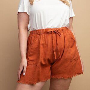 GIGIO Plus Size Frayed Hem Drawstring Shorts | Terracotta